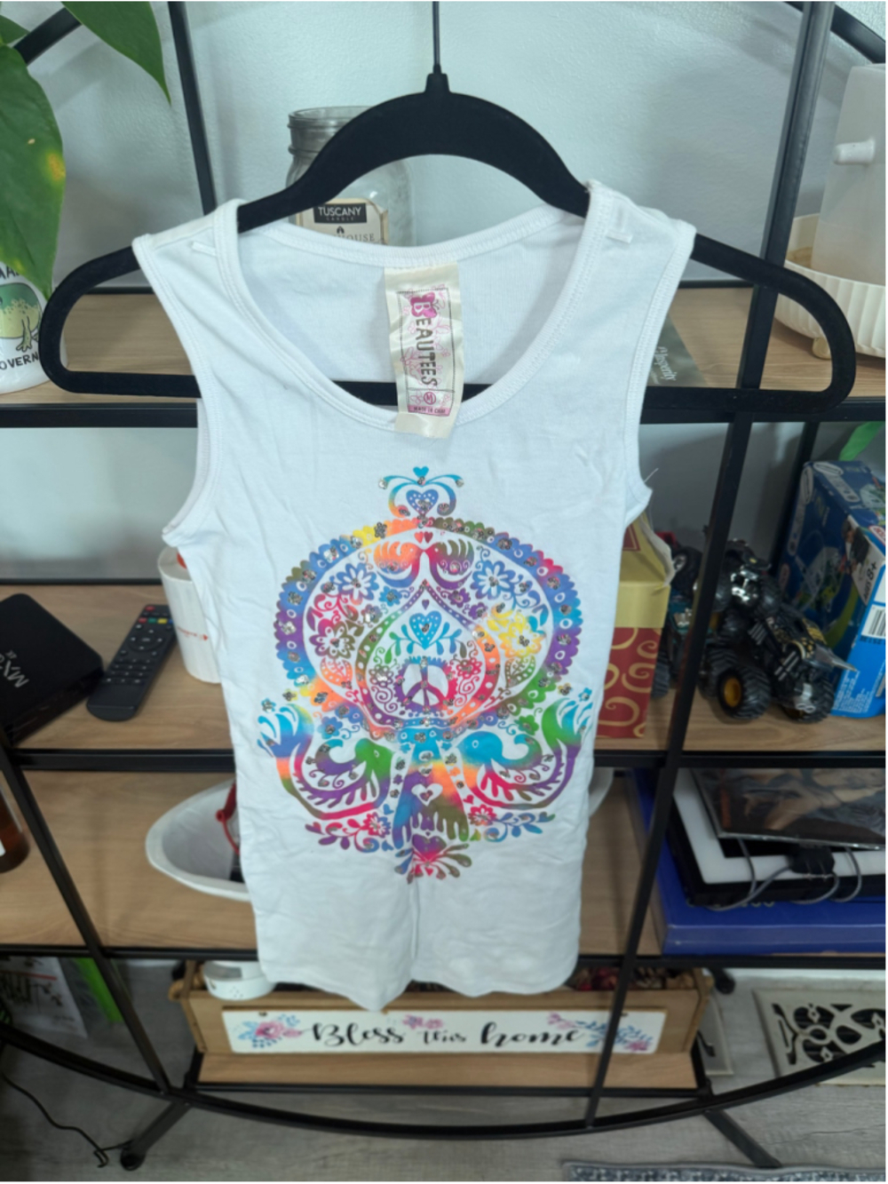 Women's Beautees Tank Top Size M White Multicolor Graphic